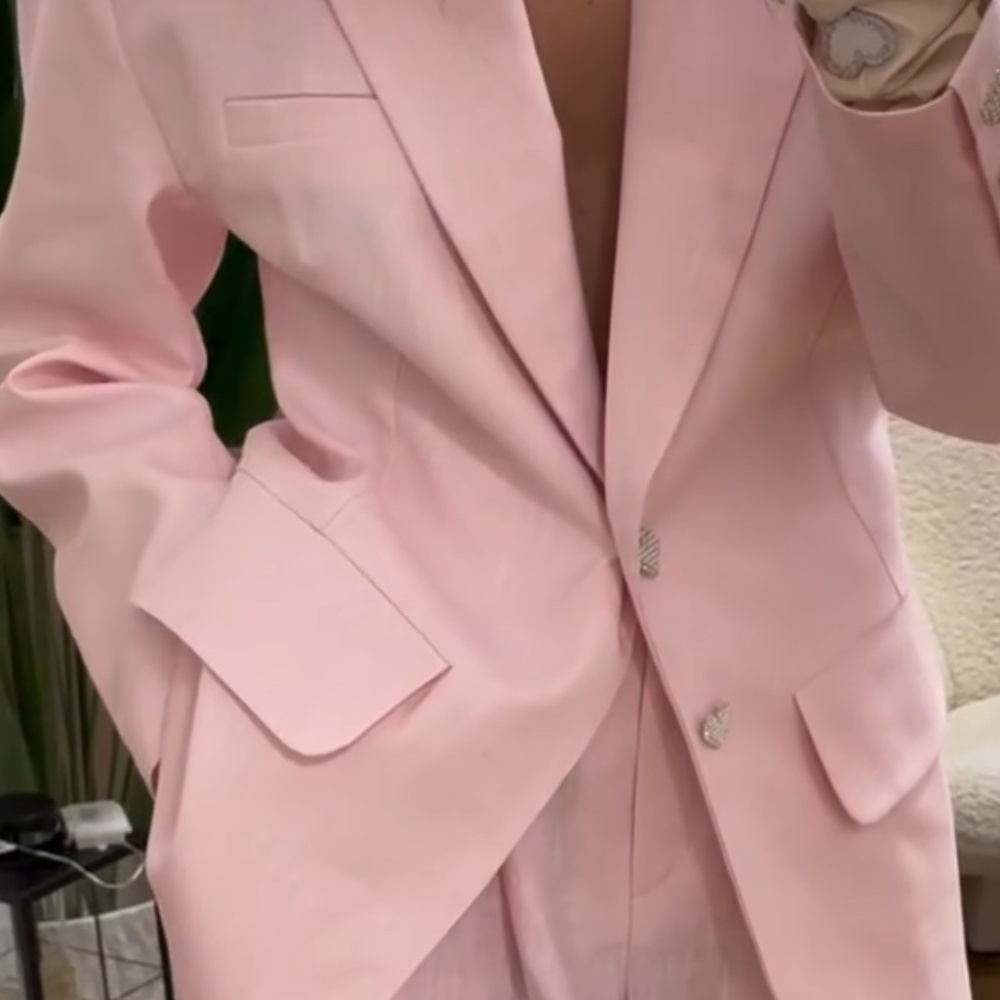 LENAME 100% Linen Pink Blazer and Pants Two Piece Set with Rhinestones